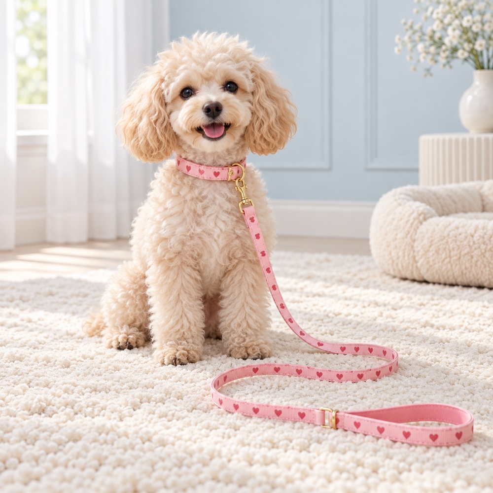 Pink Heart Collar & Leash worn by a cute puppy with the matching leash, illustrative photo