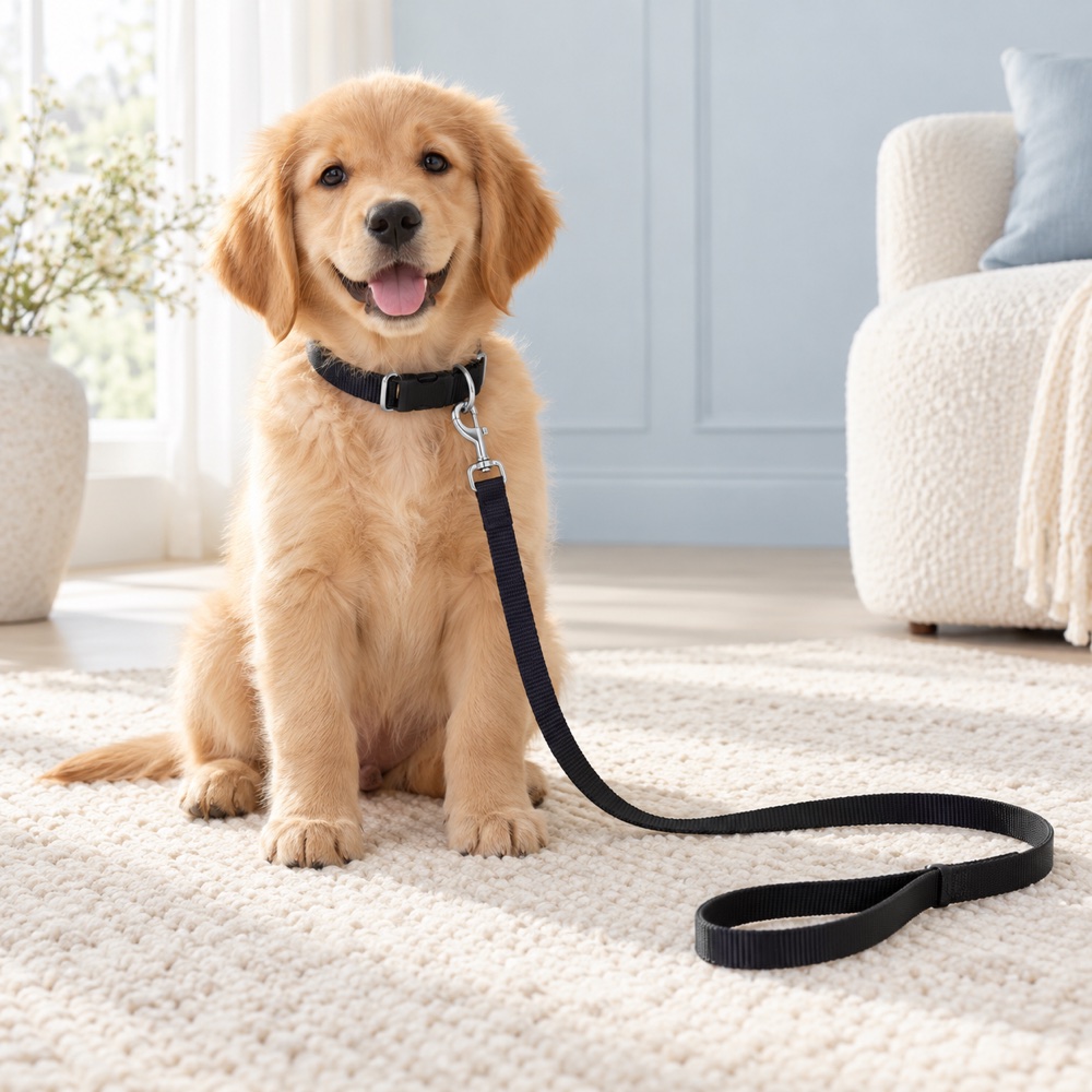 Black Classic Collar & Leash worn by a cute puppy with the matching leash, illustrative photo