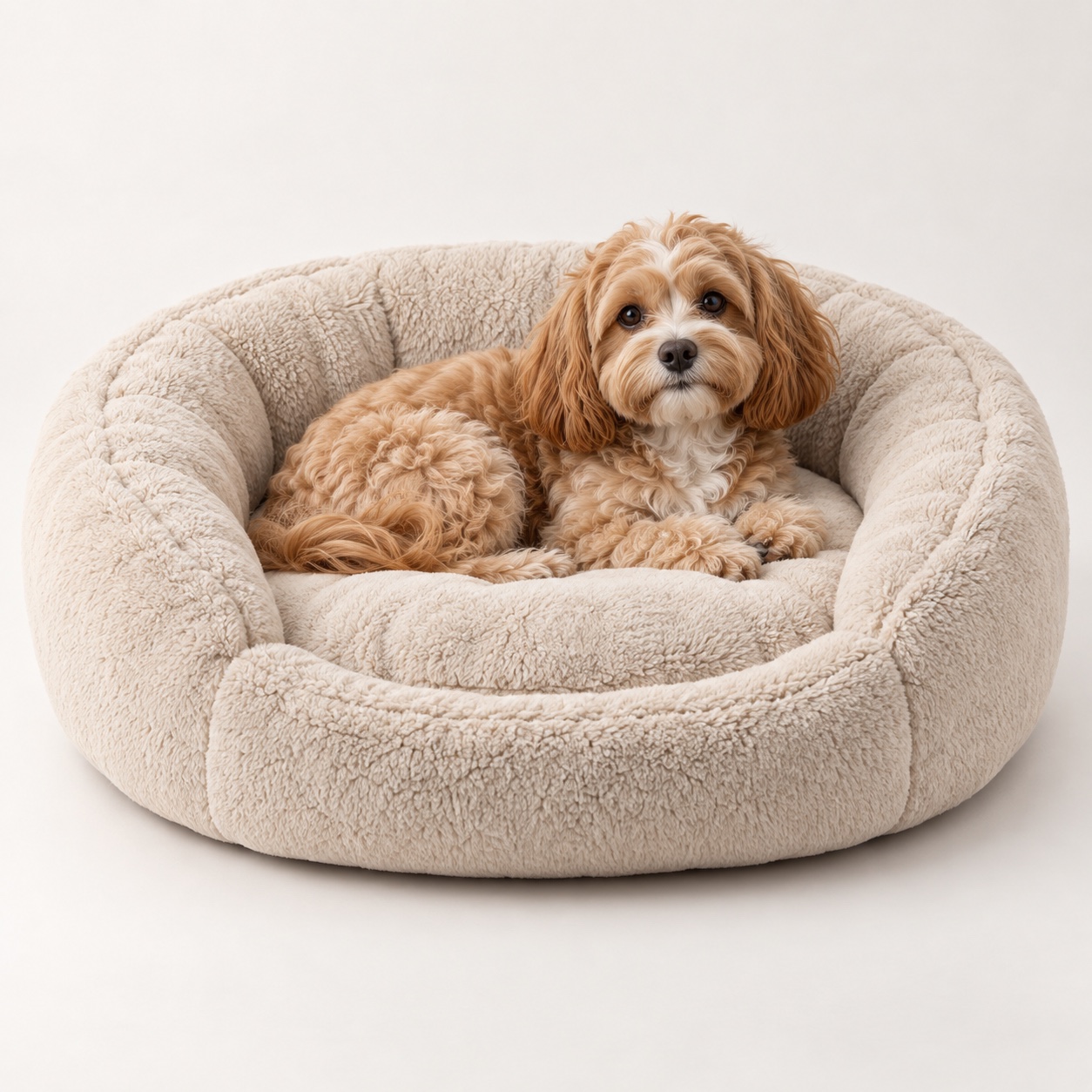 Oatmeal Bolster Bed with a cute puppy, illustrative photo
