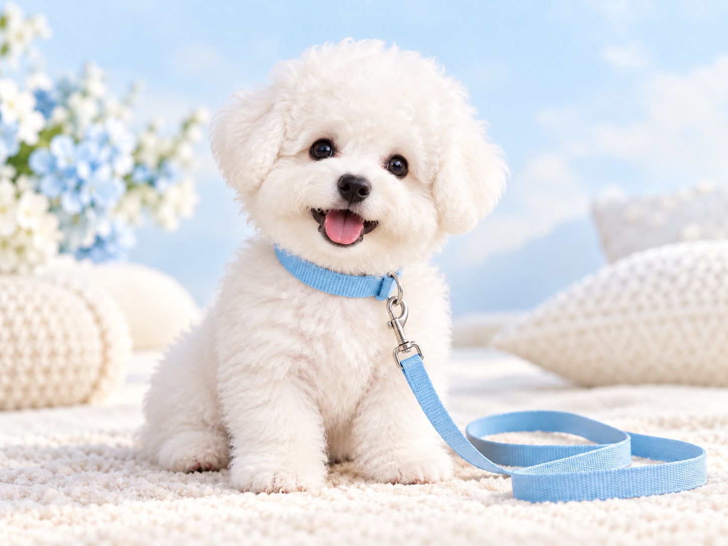 Sky-Blue Collar & Leash worn by a cute puppy with the matching leash, illustrative photo