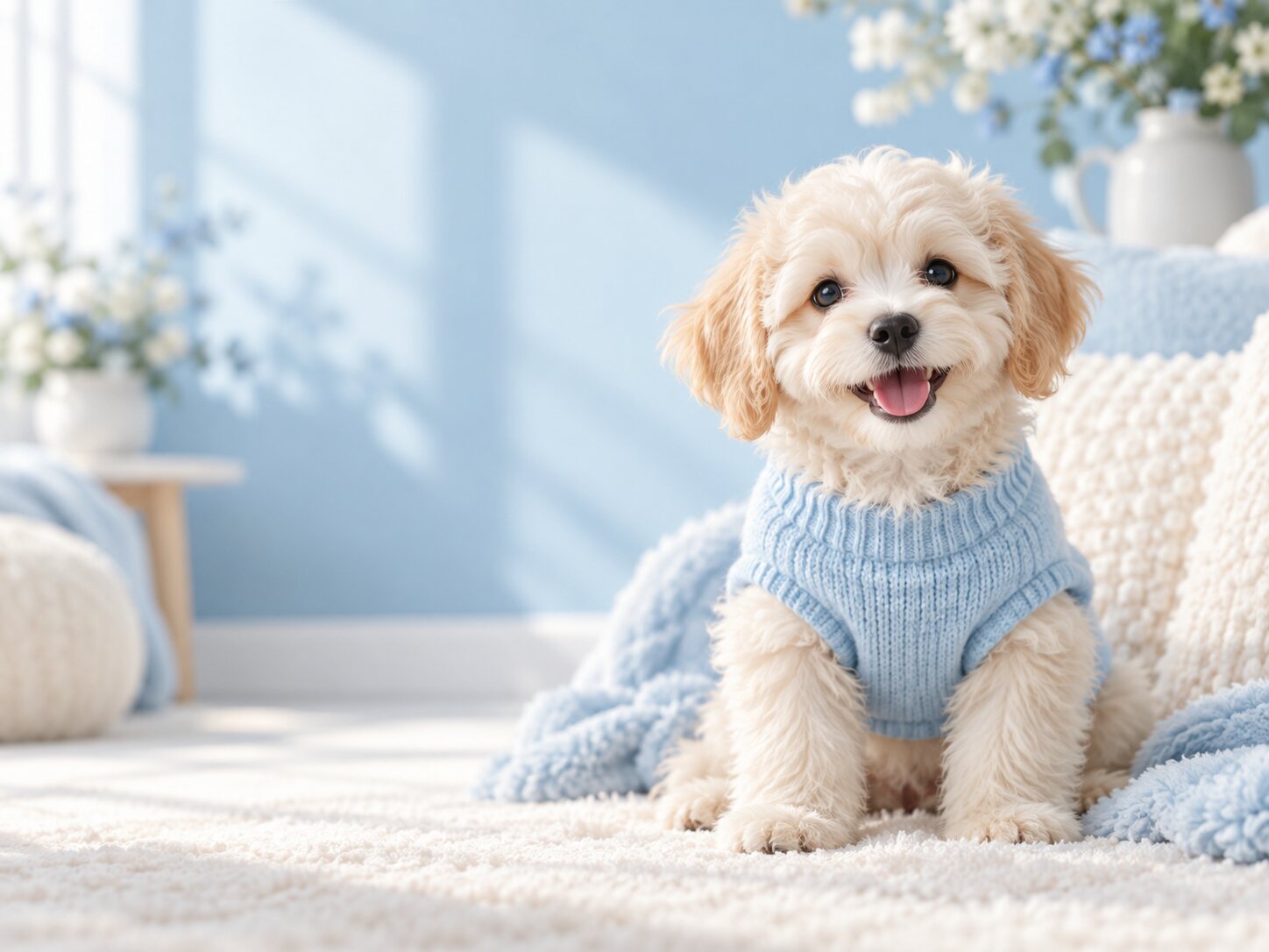 Blue knit sweater worn by a cute puppy, illustrative photo