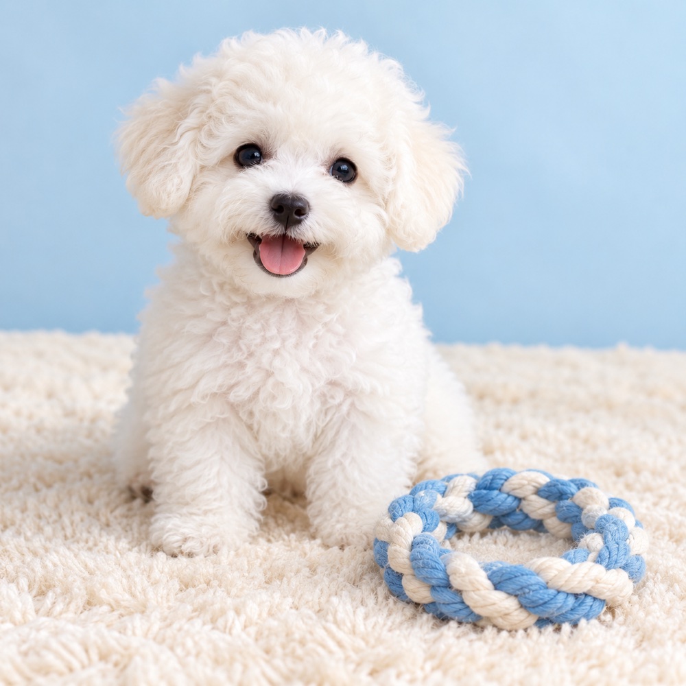 Braided Rope Ring with a cute puppy, illustrative photo