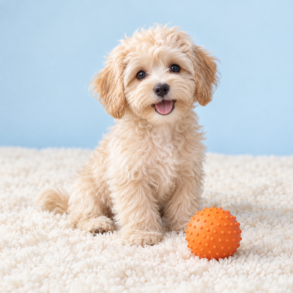 Textured Play Ball with a cute puppy, illustrative photo