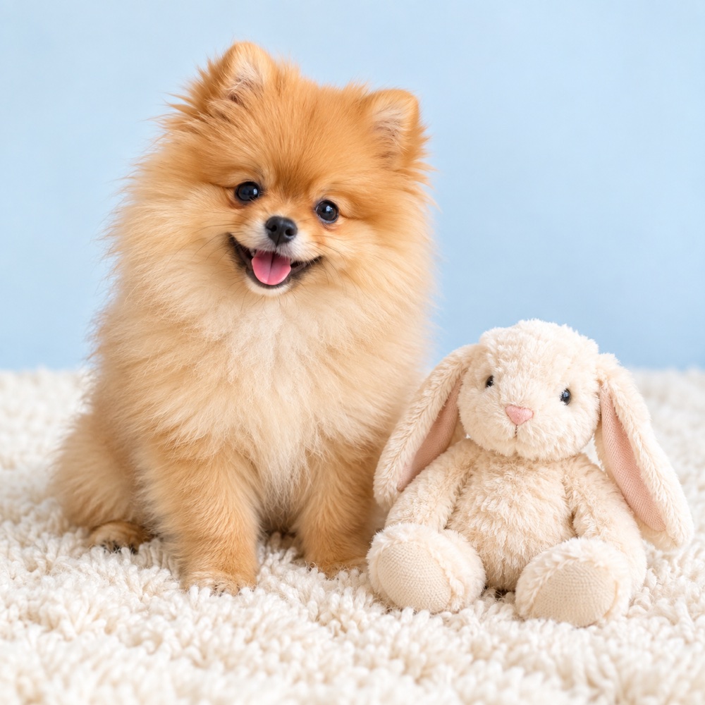 Plush Bunny with a cute puppy, illustrative photo