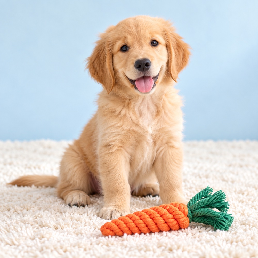 Carrot Rope Toy with a cute puppy, illustrative photo