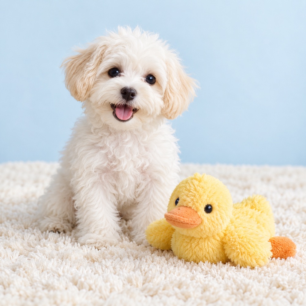 Plush Duck with a cute puppy, illustrative photo