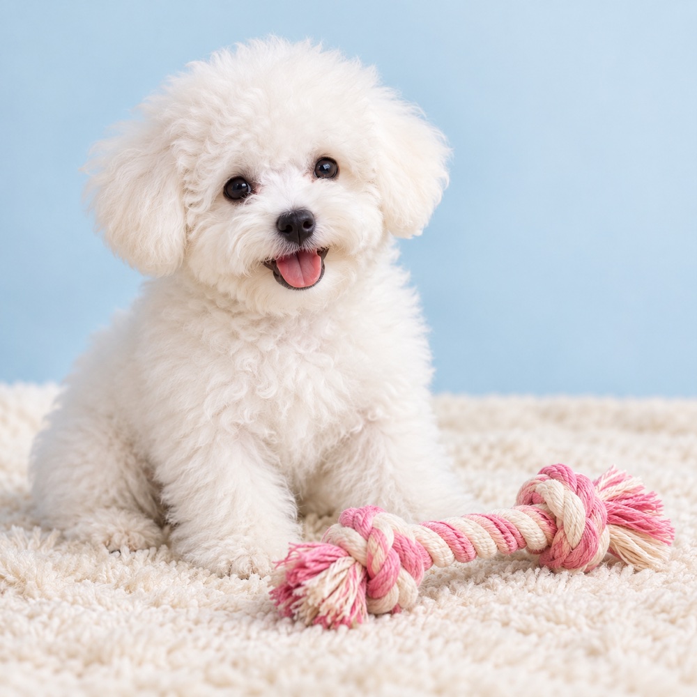 Pink Knotted Rope with a cute puppy, illustrative photo