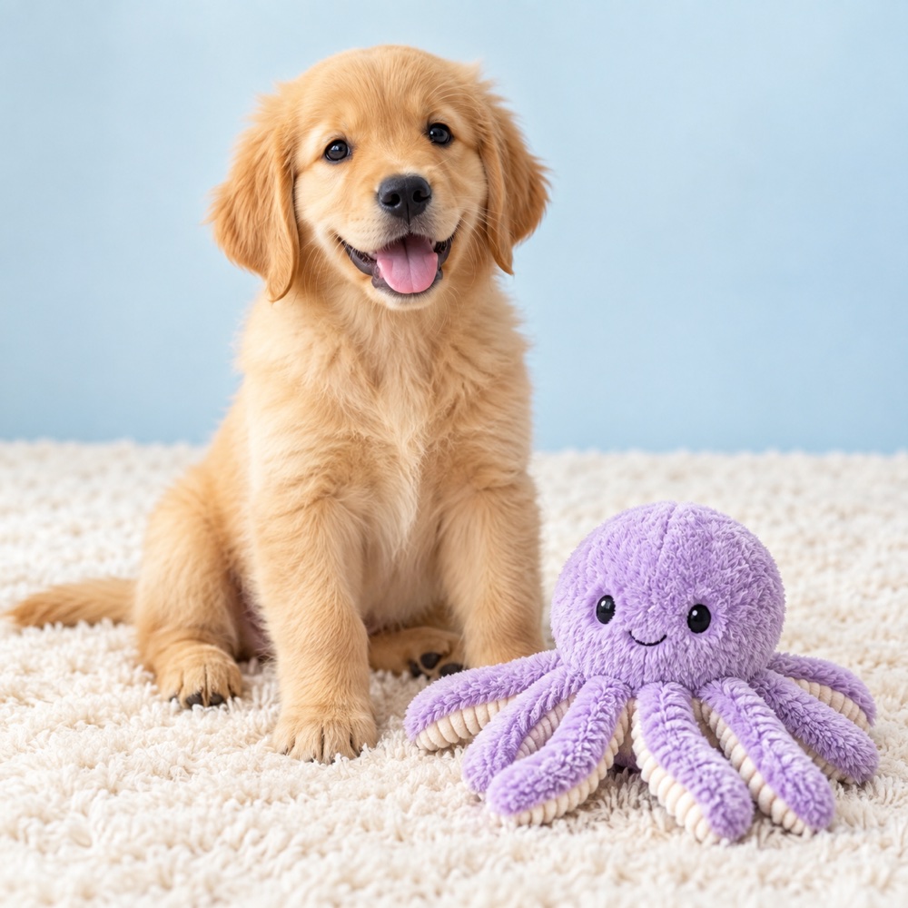 Plush Octopus with a cute puppy, illustrative photo