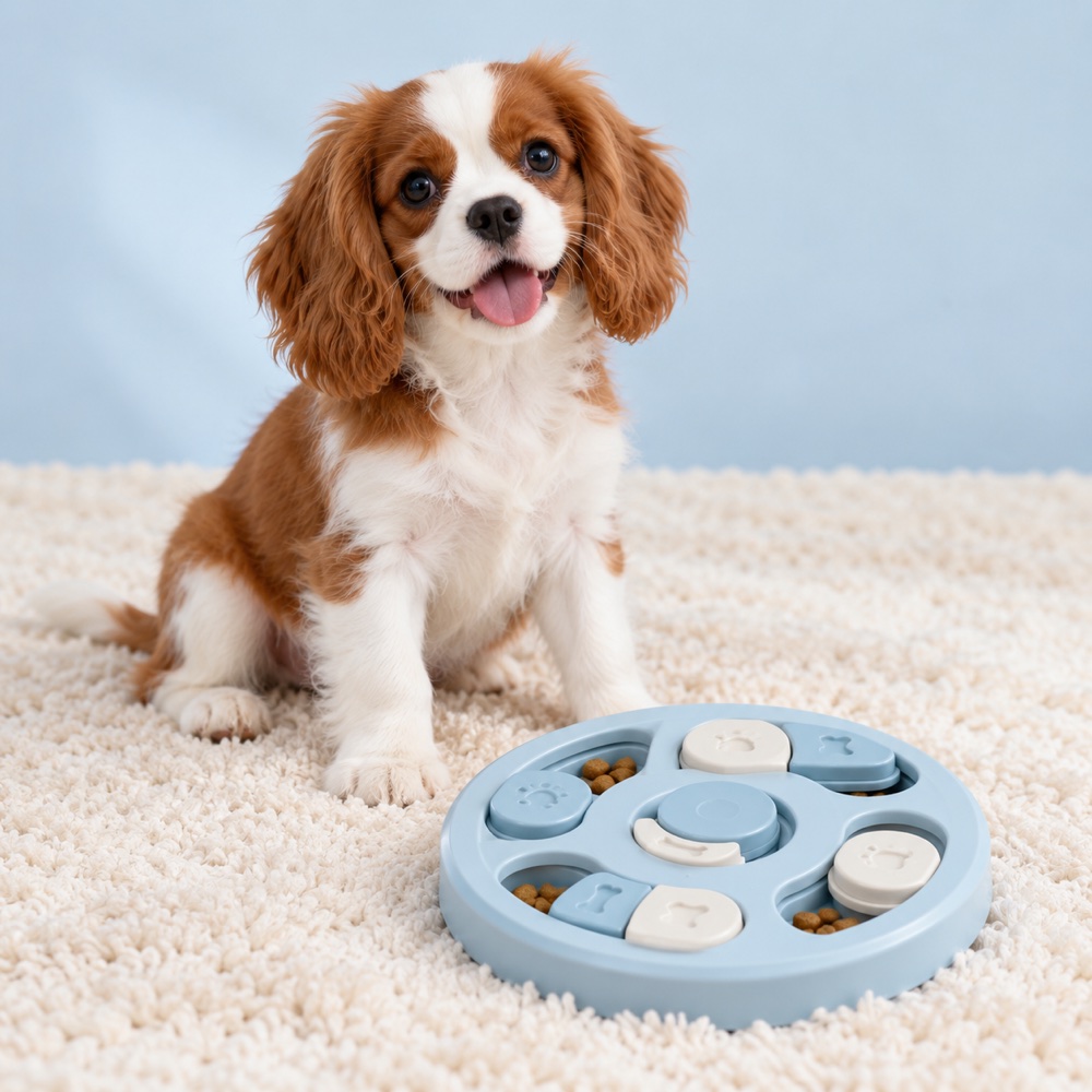 Pastel Puzzle Board with a cute puppy, illustrative photo
