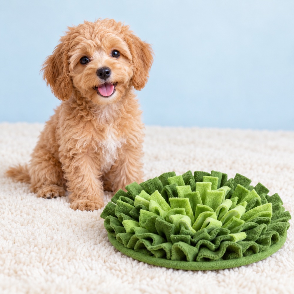 Green Snuffle Mat with a cute puppy, illustrative photo