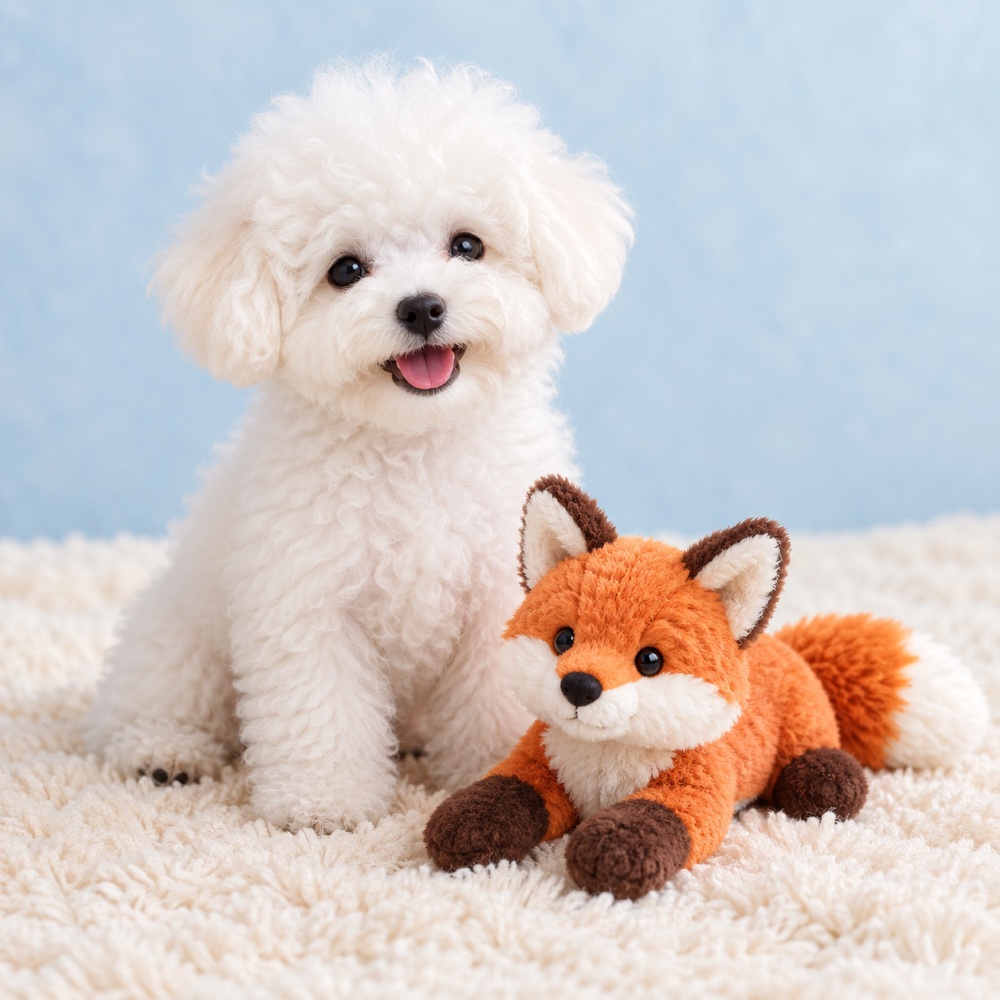 Plush Fox with a cute puppy, illustrative photo