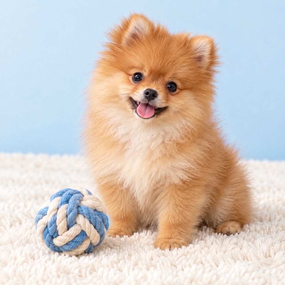Braided Rope Ball with a cute puppy, illustrative photo