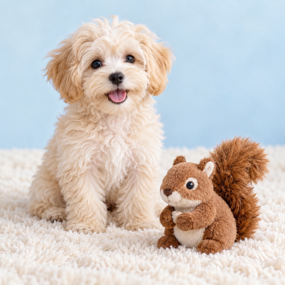 Plush Squirrel with a cute puppy, illustrative photo