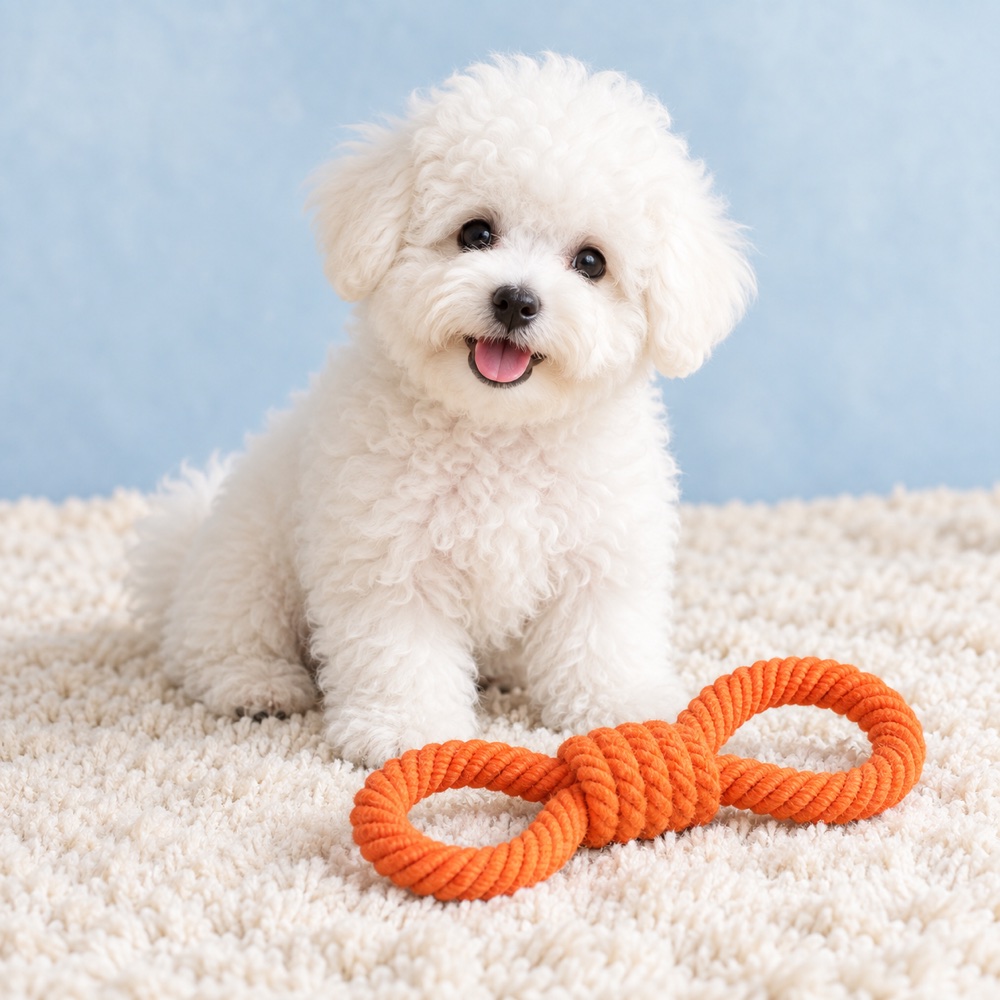 Orange Tug Loop with a cute puppy, illustrative photo
