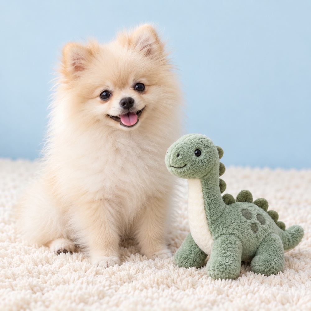 Plush Dinosaur with a cute puppy, illustrative photo