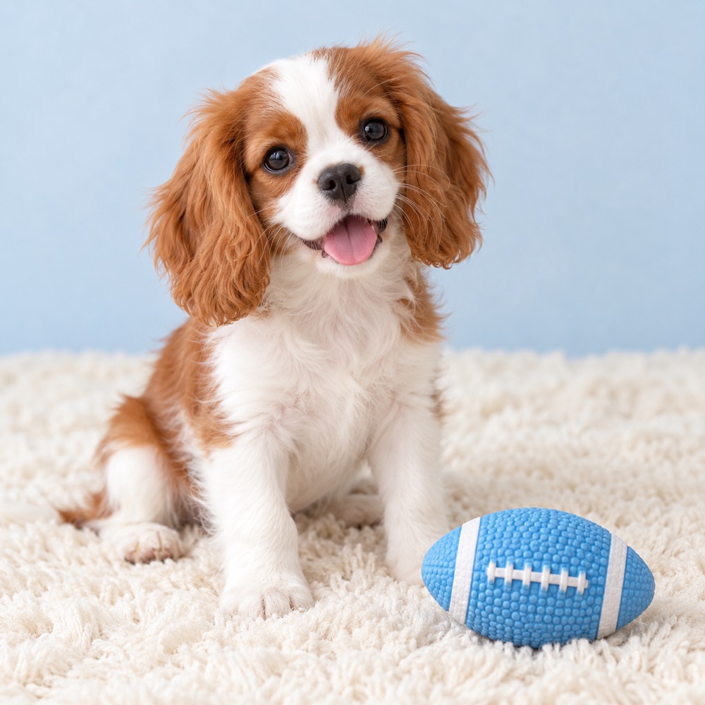 Blue Toy Football with a cute puppy, illustrative photo